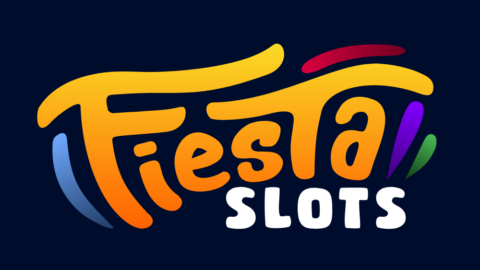 Fiesta Slots logo with orange gradient 'Fiesta' and bold white 'SLOTS' on a navy background, colorful arc design above.