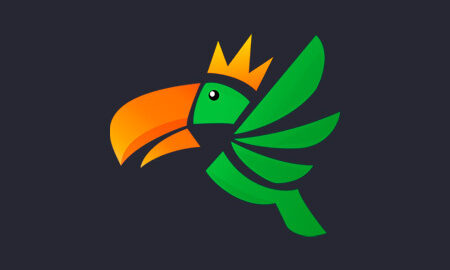 Logo of a stylized green parrot with an orange beak and yellow crown on a dark background