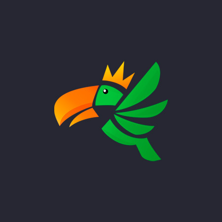Logo of a stylized green parrot with an orange beak and yellow crown on a dark background