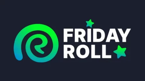 Logo for Friday Roll: neon green–blue circular icon beside bold white 'FRIDAY ROLL' text on a dark background with two green stars