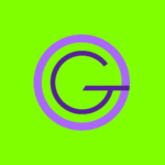 Abstract lime green background with a purple circular logo forming a stylized G
