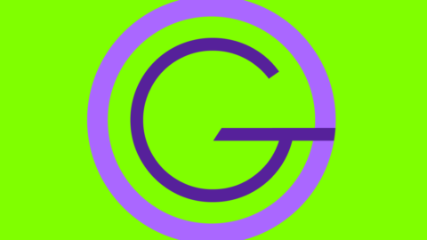 Abstract lime green background with a purple circular logo forming a stylized G