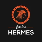 Brand logo for Casino Hermes: orange circular emblem with a winged Hermes helmet, stars around, on a black background, plus the words 'Casino Hermes' in white.