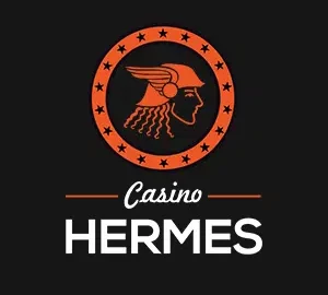 Brand logo for Casino Hermes: orange circular emblem with a winged Hermes helmet, stars around, on a black background, plus the words 'Casino Hermes' in white.