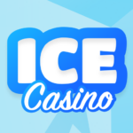 ICE Casino logo: bold white 'ICE' on a blue badge with 'Casino' in cursive, set against a pale blue geometric background