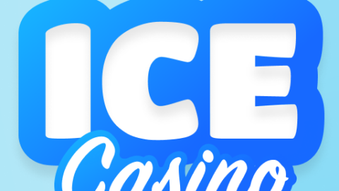 ICE Casino logo: bold white 'ICE' on a blue badge with 'Casino' in cursive, set against a pale blue geometric background