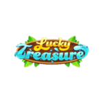 Logo for the game 'Lucky Treasure' with a wooden sign and colorful yellow 'Lucky' and blue 'Treasure' lettering, surrounded by green leaves.