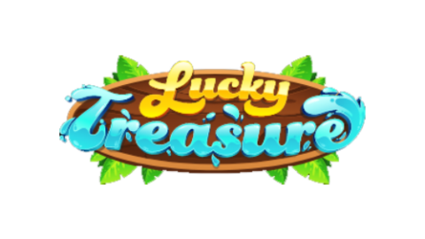 Logo for the game 'Lucky Treasure' with a wooden sign and colorful yellow 'Lucky' and blue 'Treasure' lettering, surrounded by green leaves.