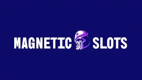 Brand logo for Magnetic Slots featuring a purple helmet between the words MAGNETIC and SLOTS on a dark blue background