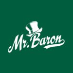 Brand logo: white script 'Mr. Baron' with a top hat, on a dark green background
