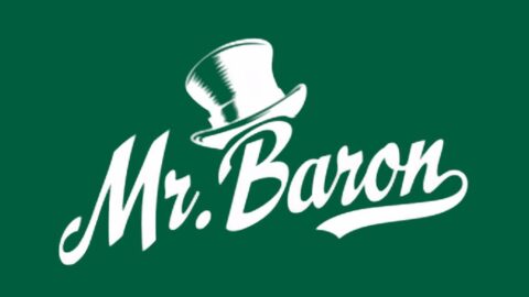 Brand logo: white script 'Mr. Baron' with a top hat, on a dark green background