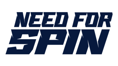 Logo reading 'NEED FOR SPIN' in bold navy letters with angular styling. ̶