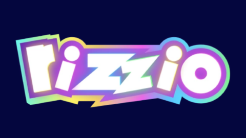 Colorful brand logo reading 'fizzio' with a rainbow outline on a dark blue background.