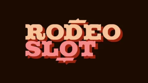 Logo reading RODEO SLOT in beige and pink 3D letters on a dark brown background.
