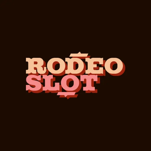 Logo reading RODEO SLOT in beige and pink 3D letters on a dark brown background.