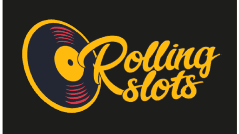 Rolling Slots logo with a yellow vinyl record and gold script text on a black background.