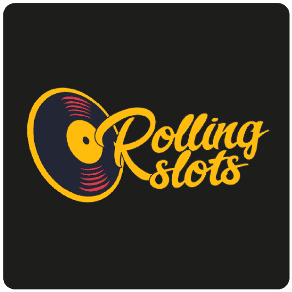 Rolling Slots logo with a yellow vinyl record and gold script text on a black background.