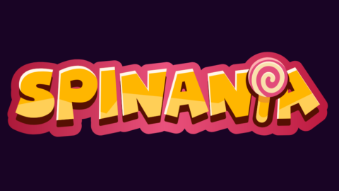 Logo text SPINANIA in orange gradient with pink outline and a swirl lollipop at the end on a dark purple background.
