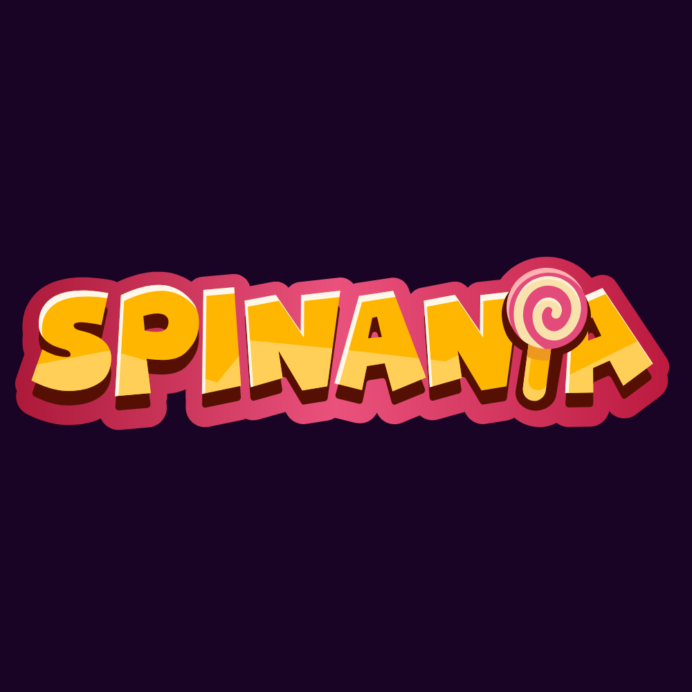 Logo text SPINANIA in orange gradient with pink outline and a swirl lollipop at the end on a dark purple background.