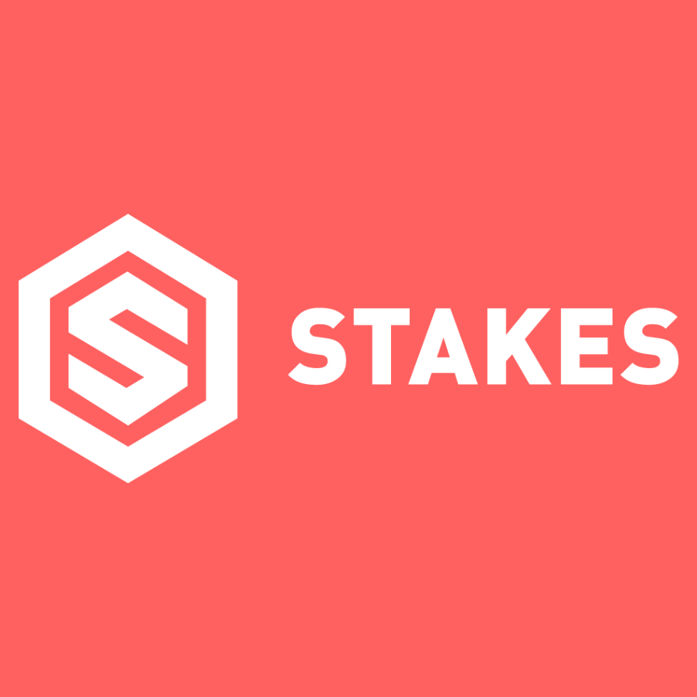 Logo: white hexagonal emblem with the word STAKES on a coral background