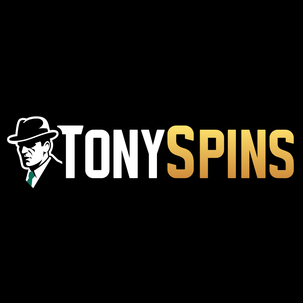 Tony Spins logo featuring a stylized detective figure on the left and bold white-to-gold text on a black background, branding the name 'TONYSPINS'