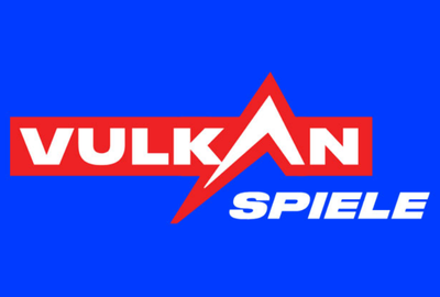 Vulkan Spiele logo on a blue background with a red banner and white text.
