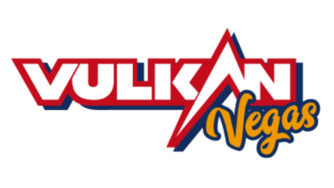 Vulcan Vegas logo with red and blue wordmark and yellow script 'Vegas'.