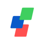 Abstract logo with three tilted squares: blue bottom-left, red bottom-right, green top.